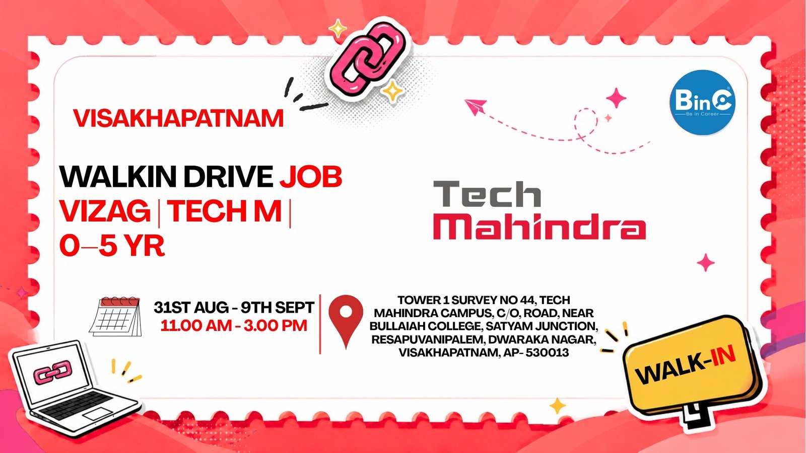 Tech Mahindra walk-in drive in Visakhapatnam, 31 Aug–9 Sep 2026, for Associate Customer Support (voice/chat).