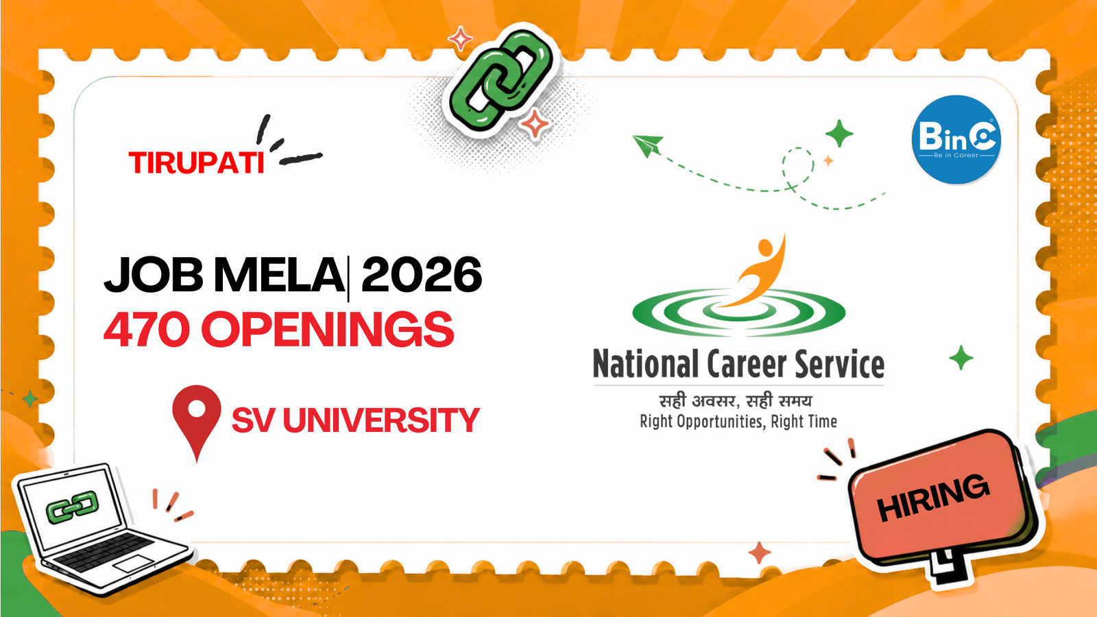 National Career Service job mela at Employment Office SV University Tirupati on 13 August 2026 with 470 openings