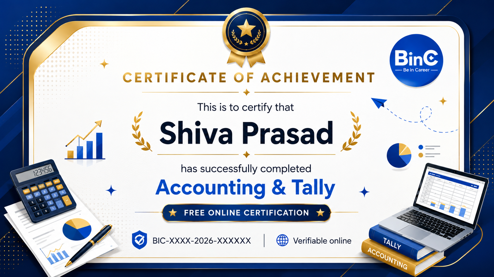 Get your free Accounting & Tally Certificate from BeInCareer Genie. 15-minute AI test, verifiable unique ID, add to LinkedIn & resume.