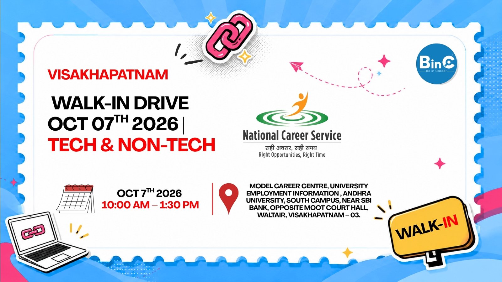 Vizag job fair October 2026 at Andhra University on 7 Oct. 7 companies hiring, Tata Electronics 500 seats. Free entry, no registration.