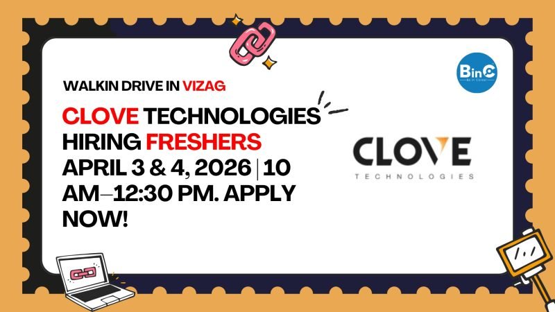 Walk-In Drive in Vizag! Clove Technologies hiring Freshers for CAD & BIM Engineer roles. B.Tech Civil, Mech, Electrical eligible. April 3 & 4, 2026 | 10 AM–12:30 PM. Apply now!