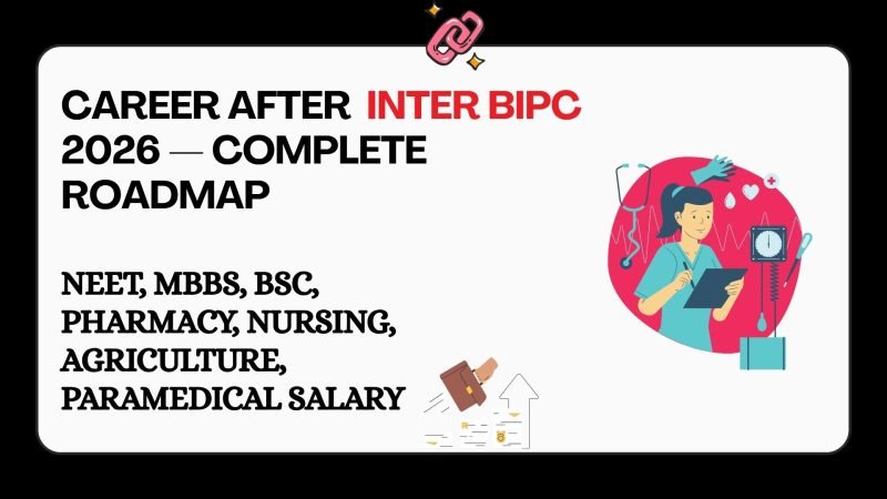 Complete career roadmap after Inter BiPC 2026 for AP Telangana students showing MBBS NEET BSc Pharmacy Nursing Agriculture Paramedical options with salary data