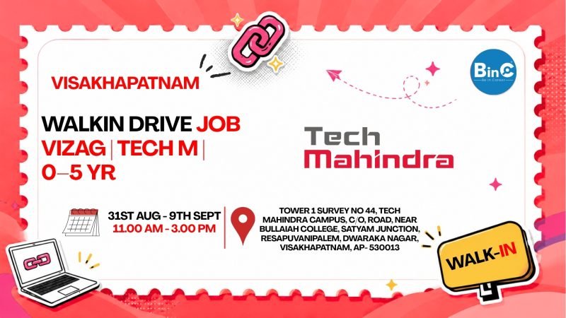 Tech Mahindra walk-in drive in Visakhapatnam, 31 Aug–9 Sep 2026, for Associate Customer Support (voice/chat).