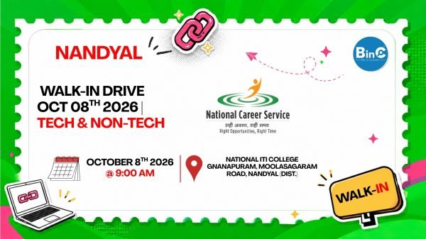 Nandyal job fair October 2026 at National ITI College on 8 Oct. 3 companies, 47 vacancies for ITI, Diploma & graduates. Free entry.