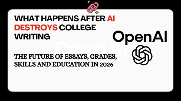 Illustration showing the future of college writing after AI — students, professors, essays and new skills in 2026
