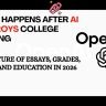 Illustration showing the future of college writing after AI — students, professors, essays and new skills in 2026