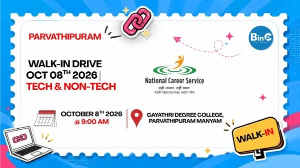 Parvathipuram job fair October 2026 at Gayathri Degree College on 8 Oct. 10 companies, 1060 vacancies — Tata, Kia, Flipkart & more.