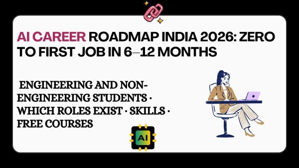 Visual roadmap showing step-by-step AI career path in India with timelines, skills, roles, and job milestones from beginner to first AI job