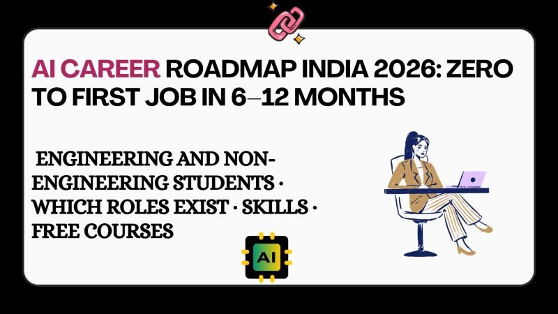 Visual roadmap showing step-by-step AI career path in India with timelines, skills, roles, and job milestones from beginner to first AI job
