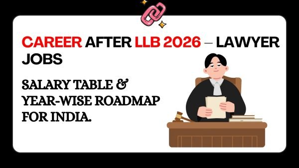 Career after LLB 2026 — 9 lawyer career options, CLAT vs AP LAWCET, corporate law ₹18 LPA, judiciary, Army JAG, salary table & year-wise roadmap for India.