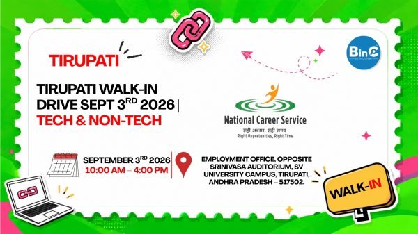 Govt job mela at Employment Office, SV University, Tirupati on 3 Sep 2026 — 90 openings across Jio, Zuari Cement, BharatPe & Srinivasa Sales.