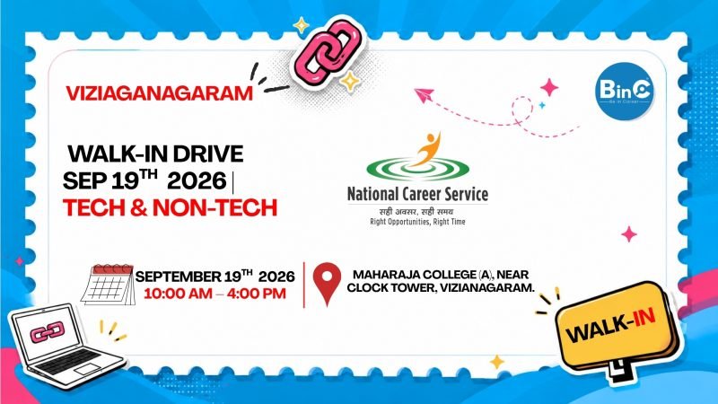Free job drive in Vizianagaram at Maharaja College on 19 Sep 2026 — 12 companies hiring incl. PhonePe. No registration, directly attend.