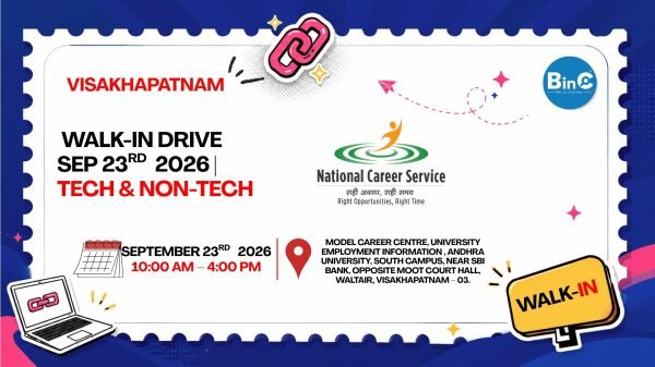 Free job fair in Visakhapatnam at Andhra University on 23 Sep 2026 — 1,075 openings. No registration, directly attend.