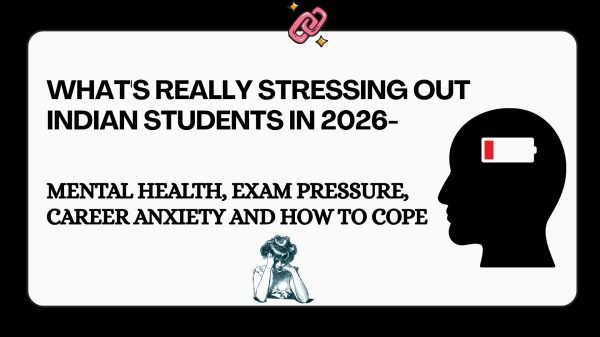 Infographic showing the top stress factors affecting Indian students in 2026 — exams, career pressure, financial burden, family expectations, and social media