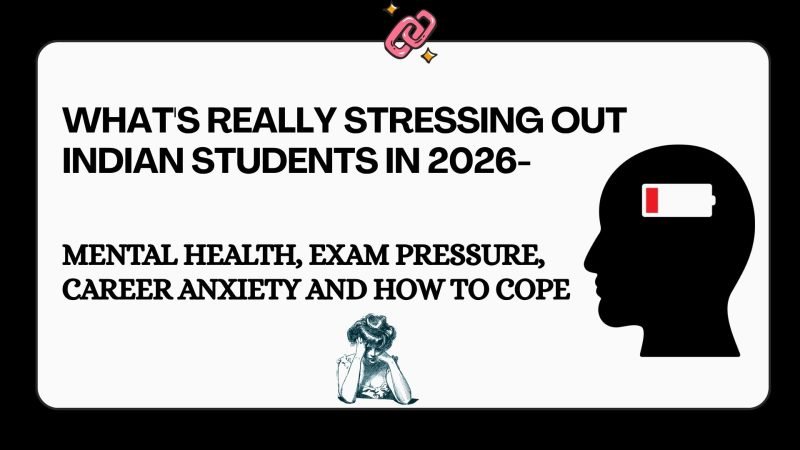 Infographic showing the top stress factors affecting Indian students in 2026 — exams, career pressure, financial burden, family expectations, and social media