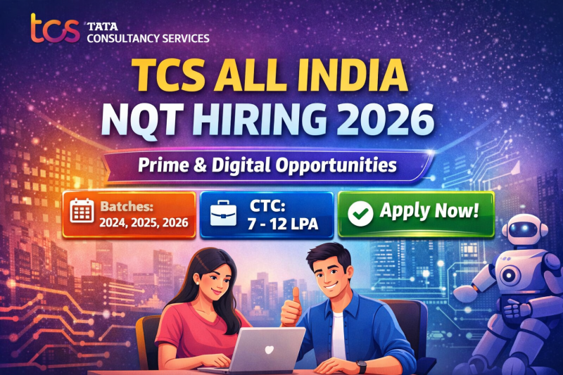 TCS All India NQT Hiring 2026 (Prime & Digital). Eligible batches 2024–2026. Check dates, CTC (7–12 LPA), steps & link.