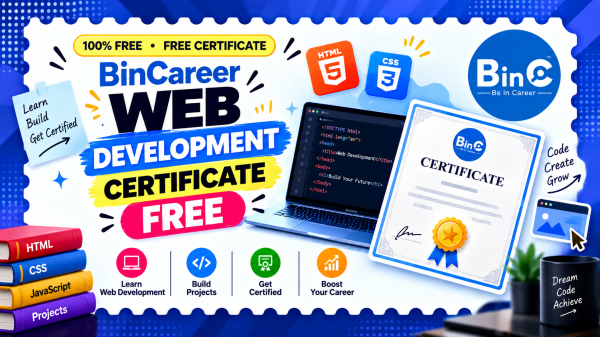 Free Web Development certification online — 100% free certificate, no fee. Learn HTML, CSS, JS, responsive design & React from scratch.