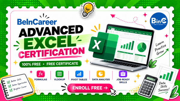 Free Advanced Excel certification online — 100% free certificate, no fee. Learn formulas, VLOOKUP, pivot tables, dashboards & data analysis.