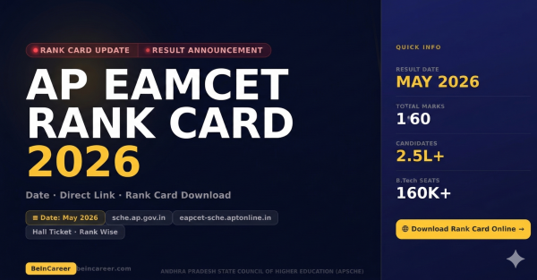 AP EAMCET Result 2026 expected May 2026 at sche.ap.gov.in. Check rank card, subject-wise marks, cutoff ranks branch wise.