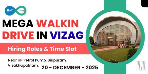 TryBinc Walk-In Drive in Visakhapatnam on 20 December at Children’s Arena. hiring freshers and experienced via time-slot entry.