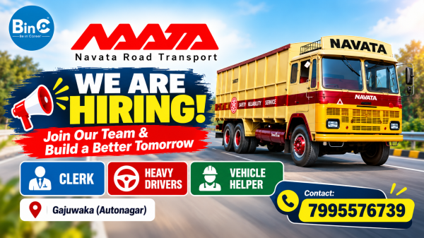 Navata Road Transport jobs at Gajuwaka (Vizag) & Vijayawada — 30 openings for Clerk, Heavy Driver & Vehicle Helper. ₹12,935–₹40,000.