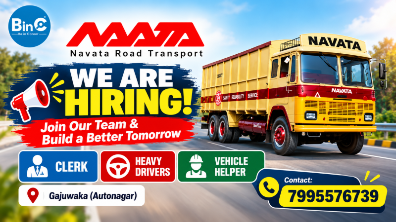 Navata Road Transport jobs at Gajuwaka (Vizag) & Vijayawada — 30 openings for Clerk, Heavy Driver & Vehicle Helper. ₹12,935–₹40,000.