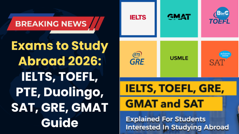 Exams to Study Abroad 2026: IELTS, TOEFL, PTE, Duolingo, SAT, GRE, GMAT Guide