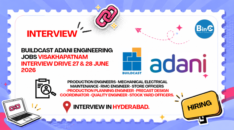 Buildcast Adani Engineering Jobs Vizag Interview 27-28 June 2026
