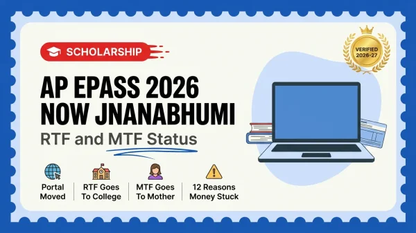 AP ePASS 2026 banner — Jnanabhumi portal, RTF to college and MTF to mother