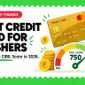 First credit card for freshers banner with gold credit card and 750 CIBIL score gauge