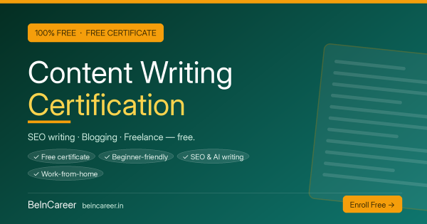 Free online content writing certification — 100% free certificate, no fee, no app. Beginner & freelance-friendly.