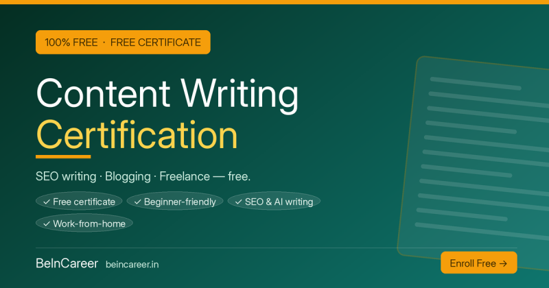 Free online content writing certification — 100% free certificate, no fee, no app. Beginner & freelance-friendly.