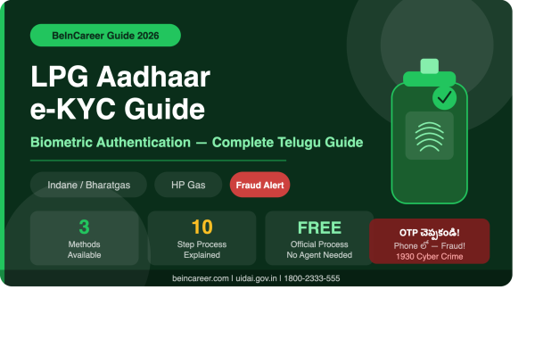 LPG Aadhaar e-KYC pending అని message వచ్చిందా? Fingerprint fail అయిందా? Complete guide Telugu లో — Indane, Bharatgas, HP Gas.