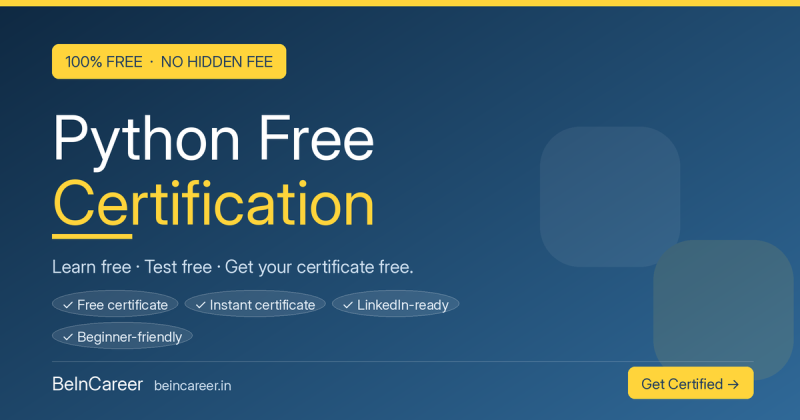 Python free certification online 100% free certificate by BeInCareer — no hidden fee