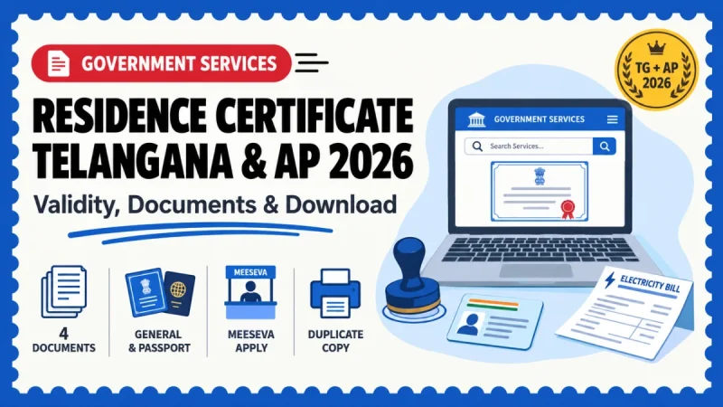 Residence Certificate Telangana and AP 2026 banner showing MeeSeva apply, 4 documents, General and Passport types and duplicate copy