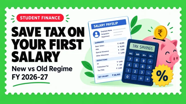 Save tax on first salary banner with payslip, calculator and piggy bank