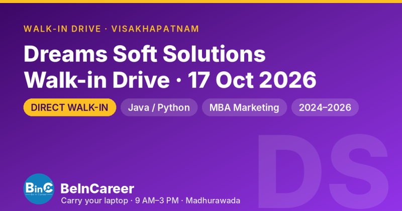 Dreams Soft Solutions walk-in drive on 17 Oct 2026 in Visakhapatnam — Full Stack Developer (Java/Python) & MBA Marketing. 2024–26 batches.